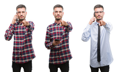 Collage of young business man working using smartphone over white isolated background pointing with finger to the camera and to you, hand sign, positive and confident gesture from the front