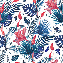 Tropical flowers Abstract Flower. Hand Drawn Floral Pattern. Seamless Watercolor illustration. Can...