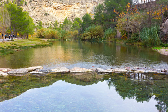Thermal springs in late autumn in Montanejos, Spain. Canyon in the mountain with hot springs.