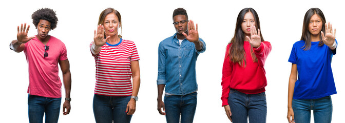 Composition of african american, hispanic and chinese group of people over isolated white background doing stop sing with palm of the hand. Warning expression with negative and serious