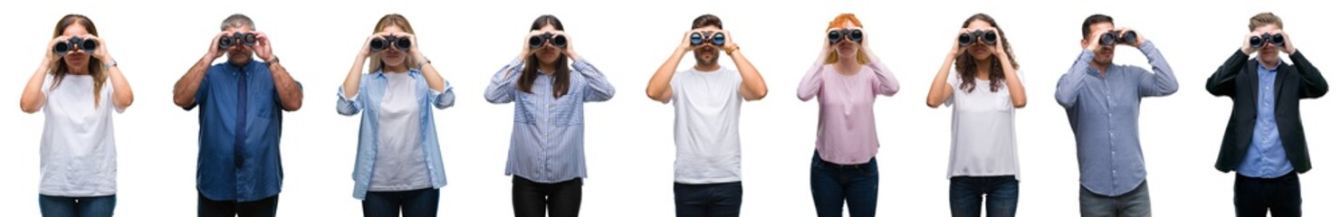Collage of group of people looking through binoculars over isolated background with a confident expression on smart face thinking serious