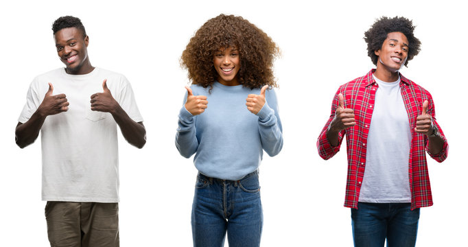 Collage of african american group of people over isolated background success sign doing positive gesture with hand, thumbs up smiling and happy. Looking at the camera with cheerful expression