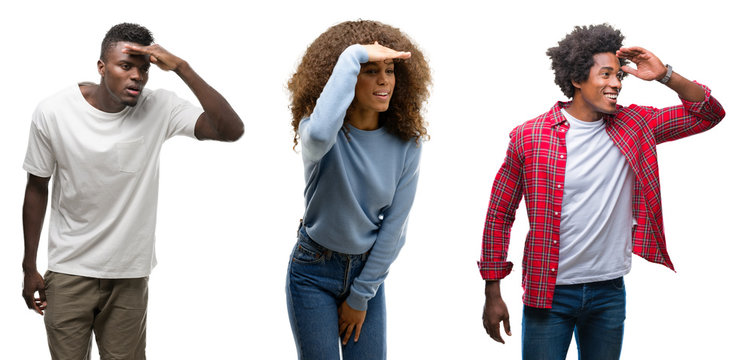 Collage Of African American Group Of People Over Isolated Background Very Happy And Smiling Looking Far Away With Hand Over Head. Searching Concept.