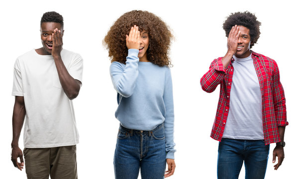 Collage of african american group of people over isolated background covering one eye with hand with confident smile on face and surprise emotion.