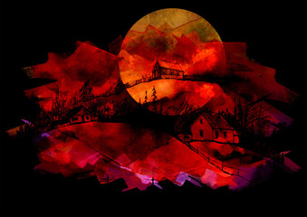 Countryside landscape. Illustration of watercolors and black mascara. Abstract black  splash of paint.  Silhouettes the village. Watercolor logo, postcard. Red, yellow moon, sun, sunset.