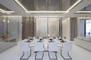 3d rendering of Dining room , Dining table with tableware are placed in the room