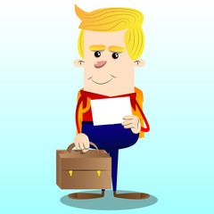 Schoolboy with suitcase and white paper. Vector cartoon character illustration.