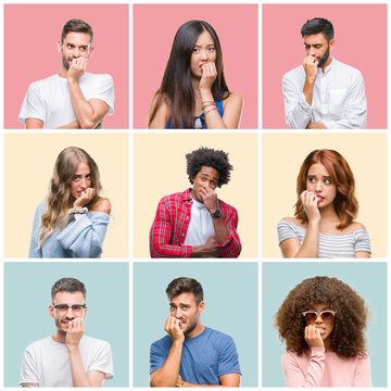 Collage of group of young people woman and men over colorful isolated background looking stressed and nervous with hands on mouth biting nails. Anxiety problem.