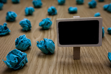 Design business concept Business ad for website promotion banners empty social media ad. Blackboard crumpled papers several tries mistake not satisfied wooden floor