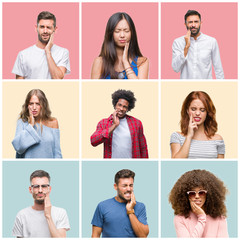 Collage of group of young people woman and men over colorful isolated background touching mouth...