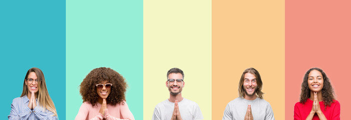 Fototapeta premium Collage of group of young people over colorful vintage isolated background praying with hands together asking for forgiveness smiling confident.