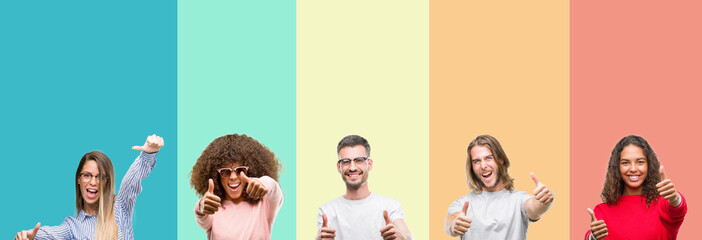 Collage of group of young people over colorful vintage isolated background approving doing positive...