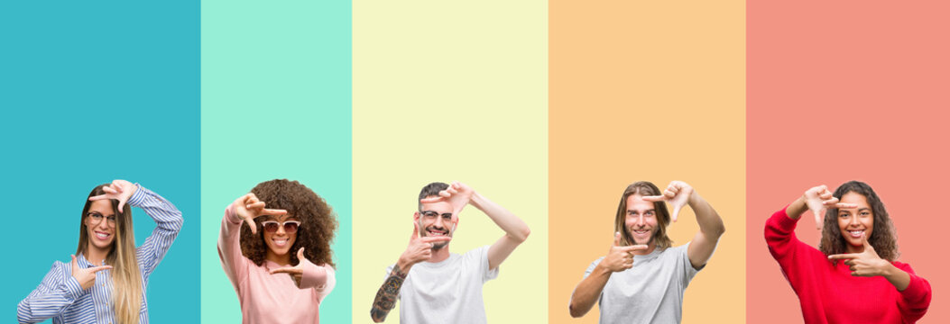 Collage of group of young people over colorful vintage isolated background smiling making frame with hands and fingers with happy face. Creativity and photography concept.