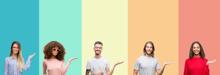 Collage of group of young people over colorful vintage isolated background smiling cheerful presenting and pointing with palm of hand looking at the camera.
