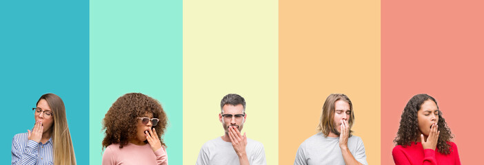 Collage of group of young people over colorful vintage isolated background bored yawning tired...