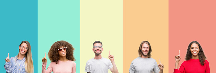 Collage of group of young people over colorful vintage isolated background showing and pointing up with finger number one while smiling confident and happy.