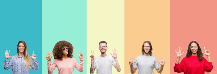 Collage of group of young people over colorful vintage isolated background showing and pointing up with fingers number seven while smiling confident and happy.