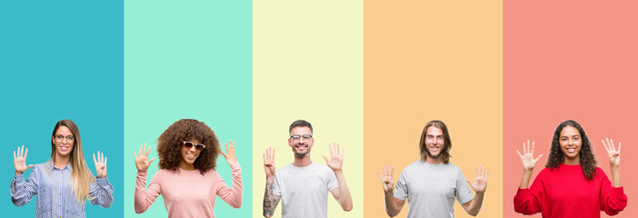 Fototapeta premium Collage of group of young people over colorful vintage isolated background showing and pointing up with fingers number nine while smiling confident and happy.