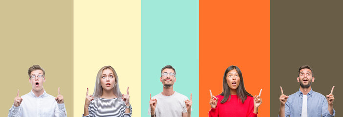 Fototapeta premium Collage of group of young people over colorful isolated background amazed and surprised looking up and pointing with fingers and raised arms.