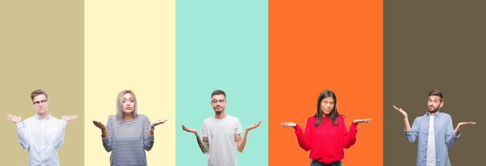 Collage of group of young people over colorful isolated background clueless and confused expression with arms and hands raised. Doubt concept.