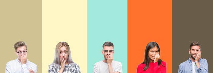 Fototapeta premium Collage of group of young people over colorful isolated background looking stressed and nervous with hands on mouth biting nails. Anxiety problem.