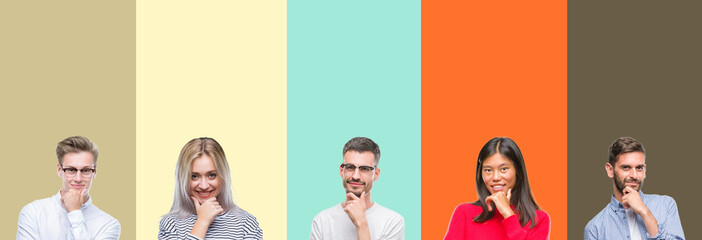 Obraz premium Collage of group of young people over colorful isolated background looking confident at the camera with smile with crossed arms and hand raised on chin. Thinking positive.