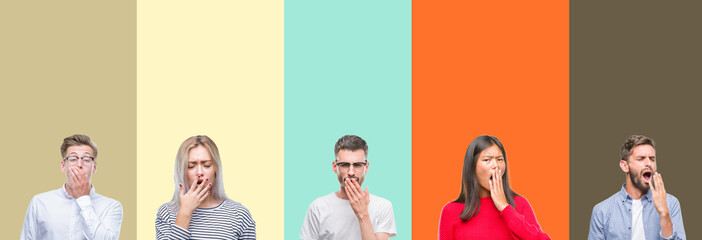 Fototapeta premium Collage of group of young people over colorful isolated background bored yawning tired covering mouth with hand. Restless and sleepiness.