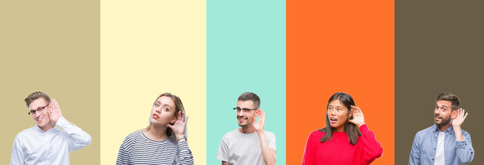 Collage of group of young people over colorful isolated background smiling with hand over ear...