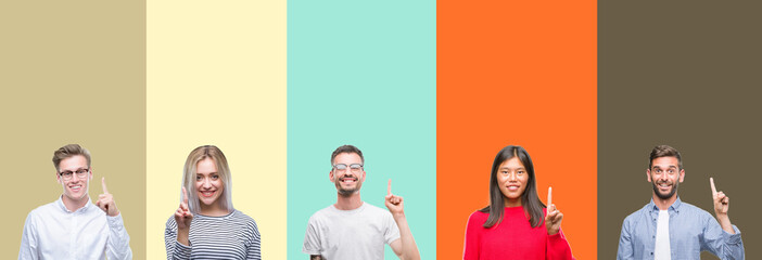 Collage of group of young people over colorful isolated background showing and pointing up with finger number one while smiling confident and happy.