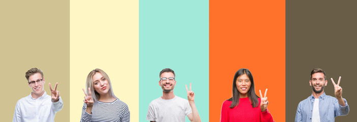 Fototapeta premium Collage of group of young people over colorful isolated background showing and pointing up with fingers number two while smiling confident and happy.