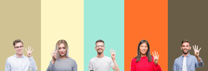 Fototapeta premium Collage of group of young people over colorful isolated background showing and pointing up with fingers number four while smiling confident and happy.