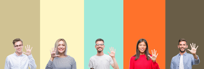 Fototapeta premium Collage of group of young people over colorful isolated background showing and pointing up with fingers number five while smiling confident and happy.