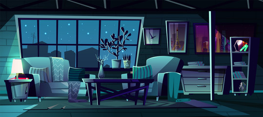 Vector cartoon illustration of modern living room at night. Cozy interior with sofa, armchair and bookcase. Nightstand with switched-on lamp, window with starry night view. Architecture background.