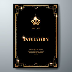 VIP invitation template with golden crown and art deco frame on black background