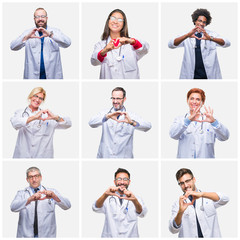 Collage of group of doctor people wearing stethoscope over isolated background smiling in love...