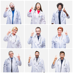 Collage of group of doctor people wearing stethoscope over isolated background pointing finger up with successful idea. Exited and happy. Number one.