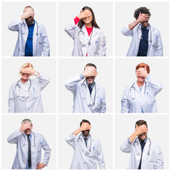 Collage of group of doctor people wearing stethoscope over isolated background smiling and laughing with hand on face covering eyes for surprise. Blind concept.