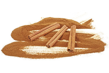 Cinnamon sticks with powder isolated on white background