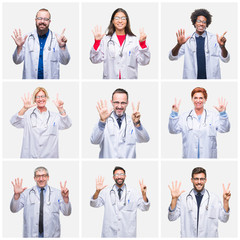 Collage of group of doctor people wearing stethoscope over isolated background showing and pointing up with fingers number seven while smiling confident and happy.