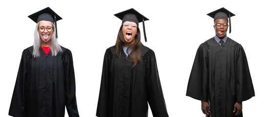 Collage of group of young student people wearing univerty graduated uniform over isolated background sticking tongue out happy with funny expression. Emotion concept.