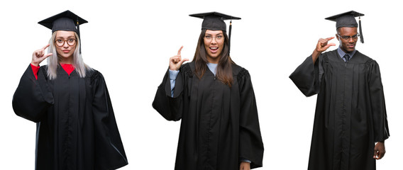 Collage of group of young student people wearing univerty graduated uniform over isolated background smiling and confident gesturing with hand doing size sign with fingers while looking and the camera