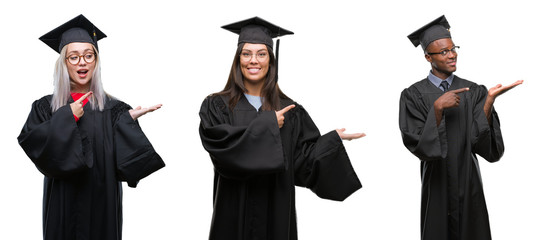 Collage of group of young student people wearing univerty graduated uniform over isolated background amazed and smiling to the camera while presenting with hand and pointing with finger.