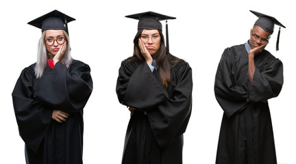 Collage of group of young student people wearing univerty graduated uniform over isolated background thinking looking tired and bored with depression problems with crossed arms.