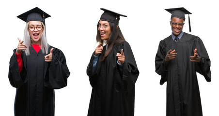 Collage of group of young student people wearing univerty graduated uniform over isolated background pointing fingers to camera with happy and funny face. Good energy and vibes.