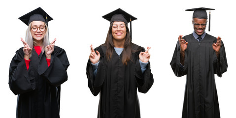 Collage of group of young student people wearing univerty graduated uniform over isolated background smiling crossing fingers with hope and eyes closed. Luck and superstitious concept.