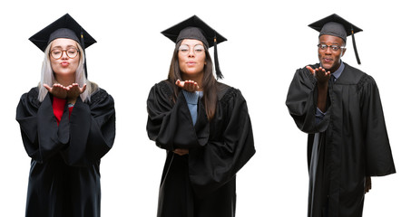 Collage of group of young student people wearing univerty graduated uniform over isolated background looking at the camera blowing a kiss with hand on air being lovely and sexy. Love expression.