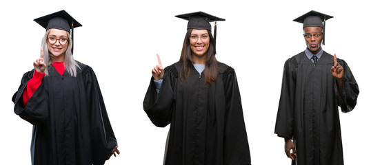 Collage of group of young student people wearing univerty graduated uniform over isolated background showing and pointing up with finger number one while smiling confident and happy.