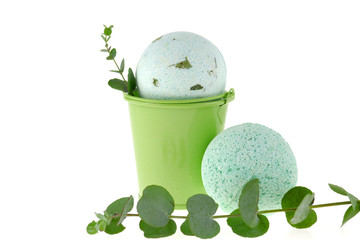 eucalyptus bath bombs.Organic body cosmetics with eucalyptus extract. green bath bombs in a green...
