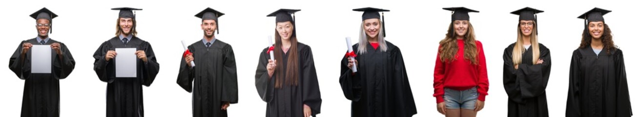 Collage of group of young student people wearing univerty graduated uniform over isolated...