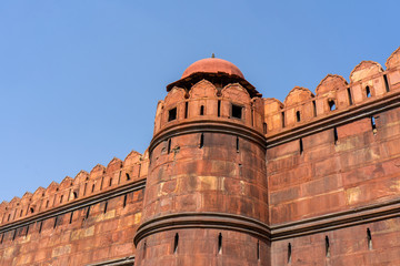 The wall of Red Fort ( Lal Qila ) was the main residence of the old indian emperors located in the center of Delhi, India, World Heritage site by UNESCO